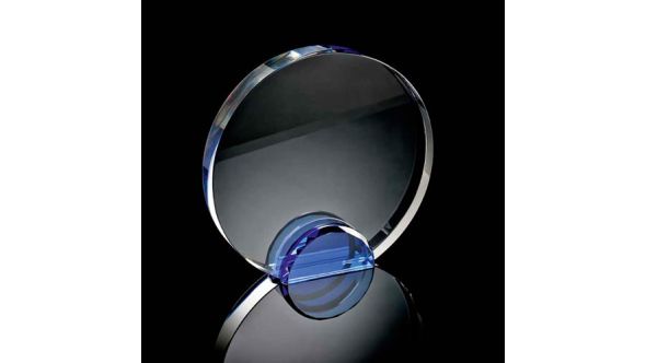 Large optical crystal round award with blue crystal facet stand