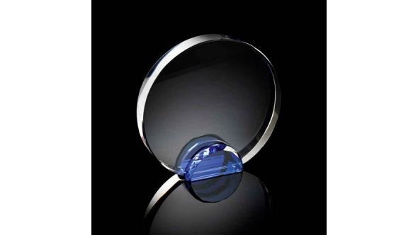 Medium optical crystal round award with blue crystal facet stand